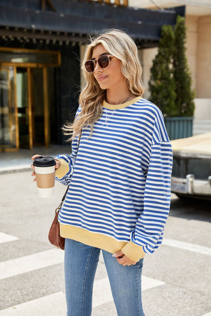 Striped Color-Block Long-Sleeve Top - Multi-Color Casual Women's T-Shirt