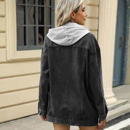Detachable Hooded Denim Jacket - Women's Loose Casual Outerwear