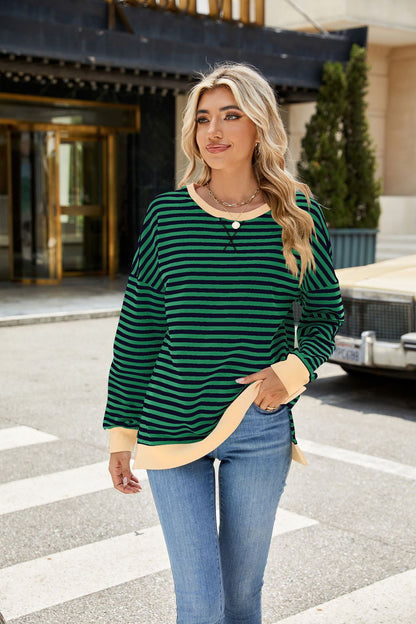 Striped Color-Block Slit Long-Sleeve Top - Multi-Color Casual Women's T-Shirt