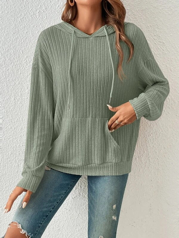 Rib - Knit Hoodie - Multi - Color Casual Women's Top（Sweatshirt）
