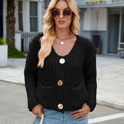 Chunky Knit Cardigan - Short Women's Knitwear with Gold Buttons