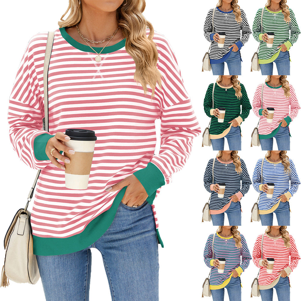 Striped Color-Block Slit Long-Sleeve Top - Multi-Color Casual Women's T-Shirt