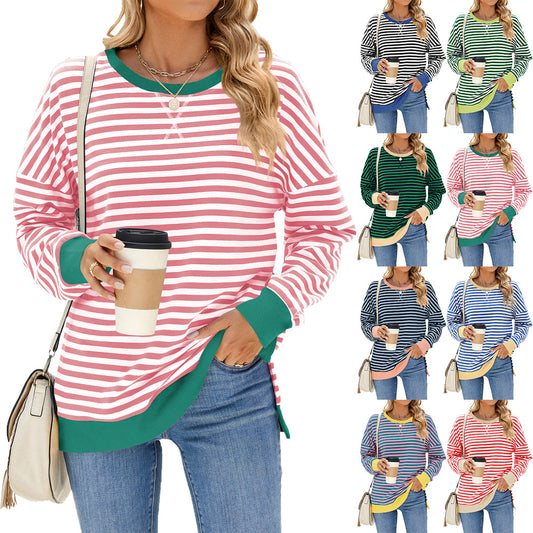 Striped Color-Block Slit Long-Sleeve Top - Multi-Color Casual Women's T-Shirt