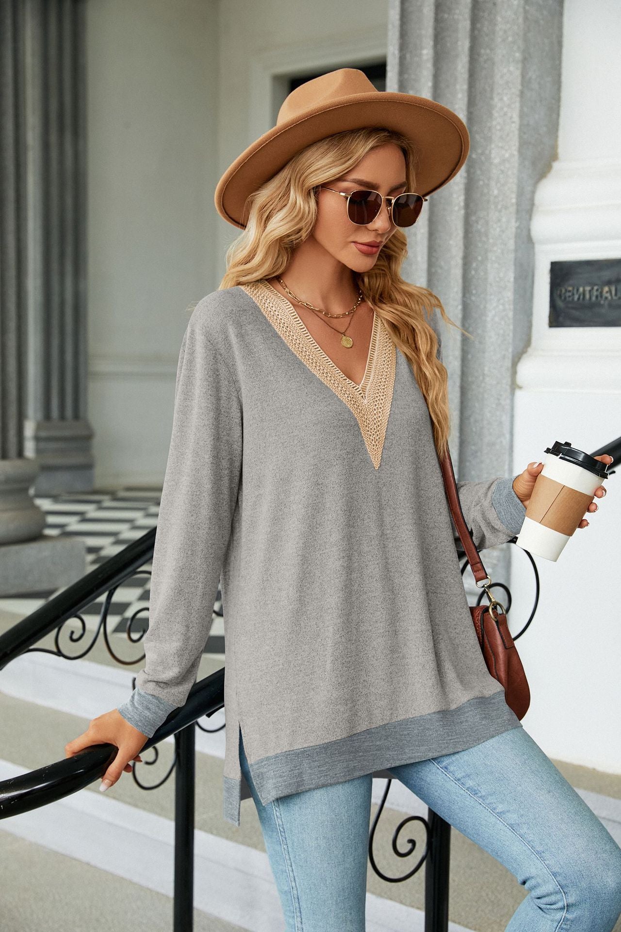 Lace-Embellished V-Neck Top - Multi-Colored Long-Sleeve Women's T-Shirt