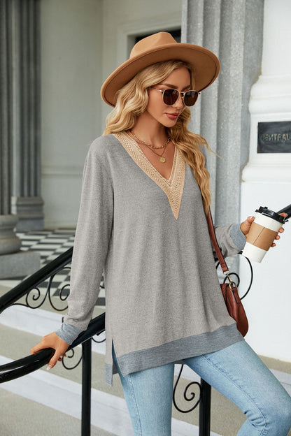 Lace-Embellished V-Neck Top - Multi-Colored Long-Sleeve Women's T-Shirt