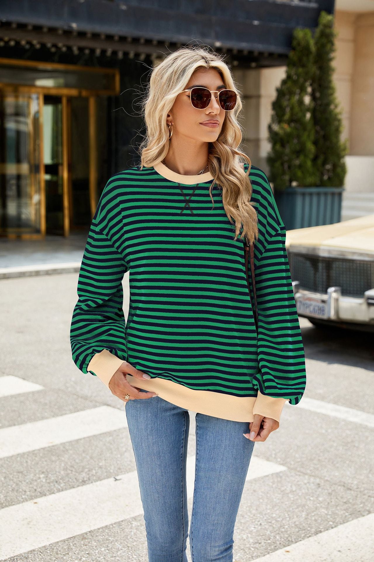 Striped Color-Block Long-Sleeve Top - Multi-Color Casual Women's T-Shirt