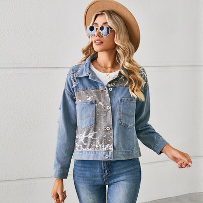 Animal Print Patchwork Denim Jacket - Women's Printed Short Outerwear
