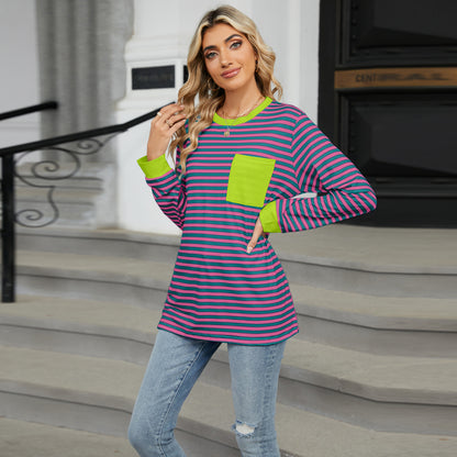 Striped Color-Block Pocket Long-Sleeve Top - Multi-Color Casual Women's T-Shirt