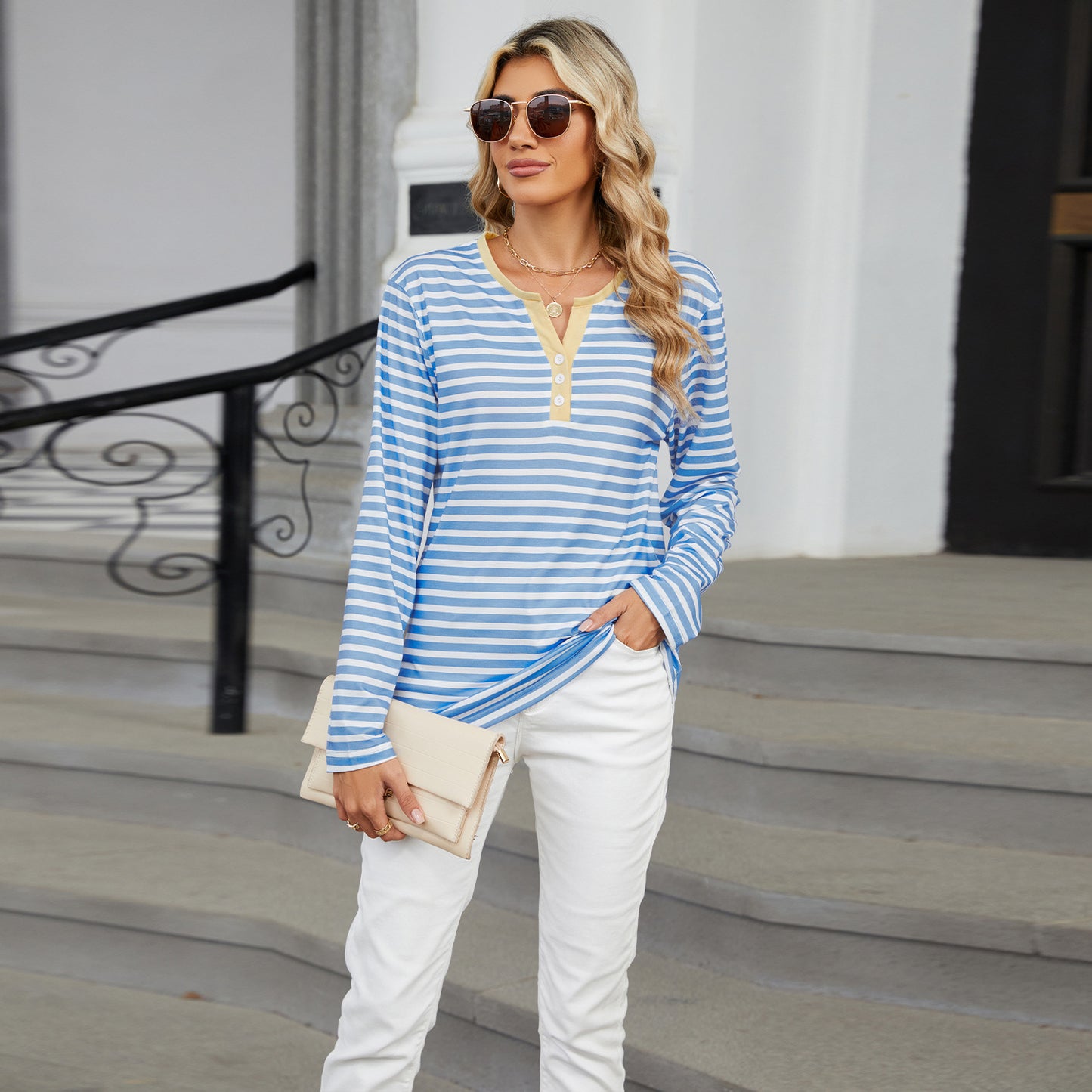 Striped Color-Block V-Neck Long-Sleeve Top - Multi-Color Button Women's T-Shirt