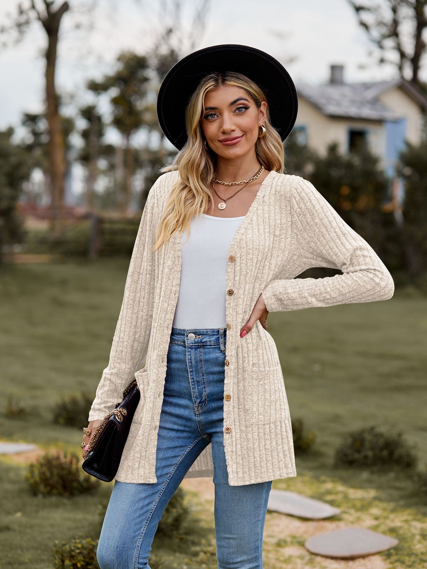 Rib - Knit Cardigan - Multi - Color Long Women's Knitwear