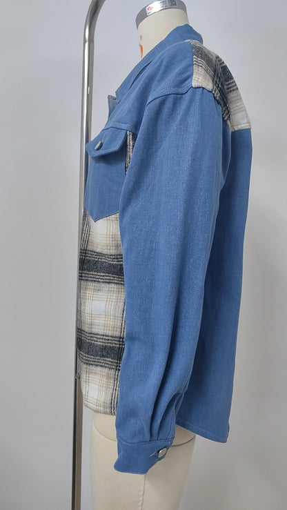 Plaid Patchwork Denim Jacket - Women's Loose Long-Sleeve Outerwear