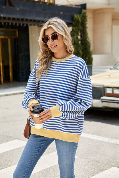 Striped Color-Block Long-Sleeve Top - Multi-Color Casual Women's T-Shirt