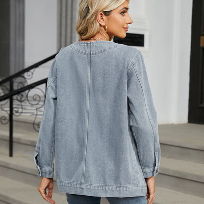 Denim Blazer - Multi-Color Buttonless Women's Outerwear