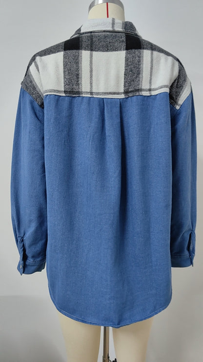 Plaid Patchwork Denim Shirt - Women's Loose Long-Sleeve Outerwear