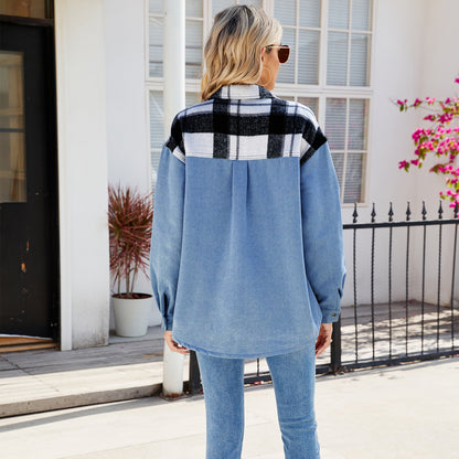 Plaid Patchwork Denim Shirt - Women's Loose Long-Sleeve Outerwear