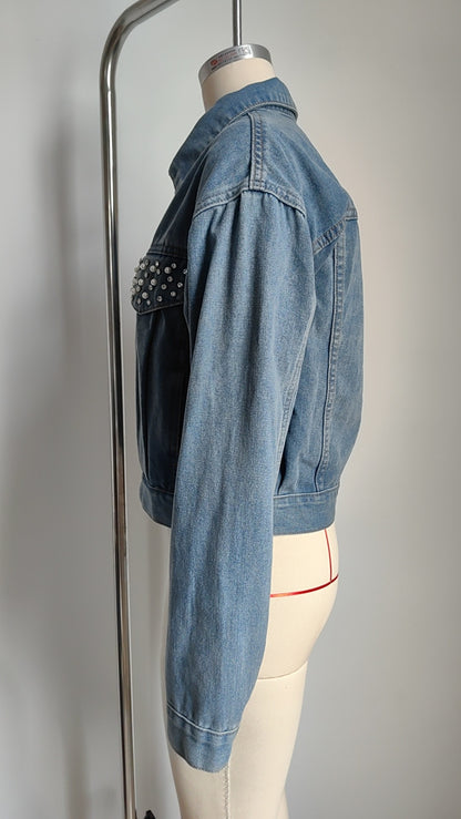 Pearl-Embellished Denim Jacket - Light Blue Women's Outerwear