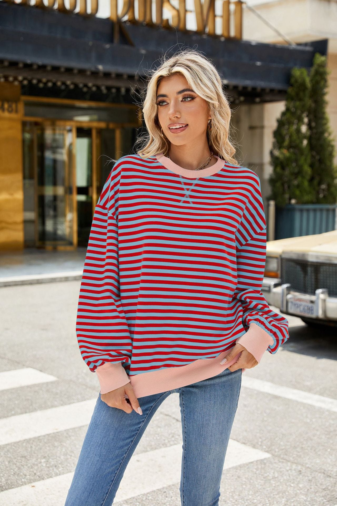 Striped Color-Block Long-Sleeve Top - Multi-Color Casual Women's T-Shirt