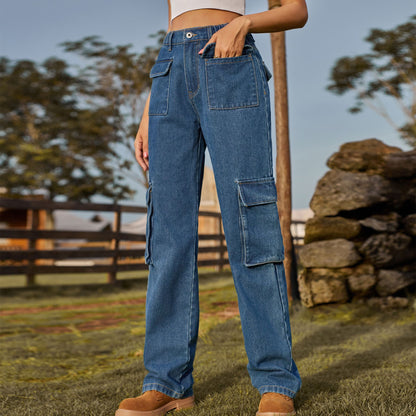Multi - Pocket Cargo Denim Pant - Loose Straight Women's Trousers
