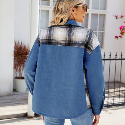 Plaid Patchwork Denim Jacket - Women's Loose Long-Sleeve Outerwear