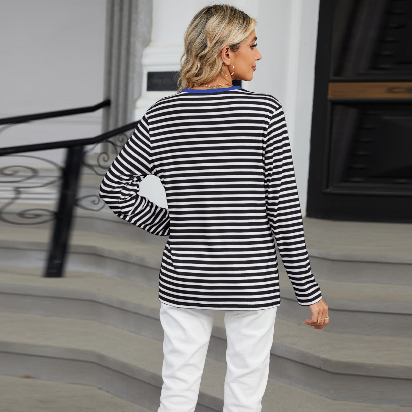 Striped Color-Block V-Neck Long-Sleeve Top - Multi-Color Button Women's T-Shirt