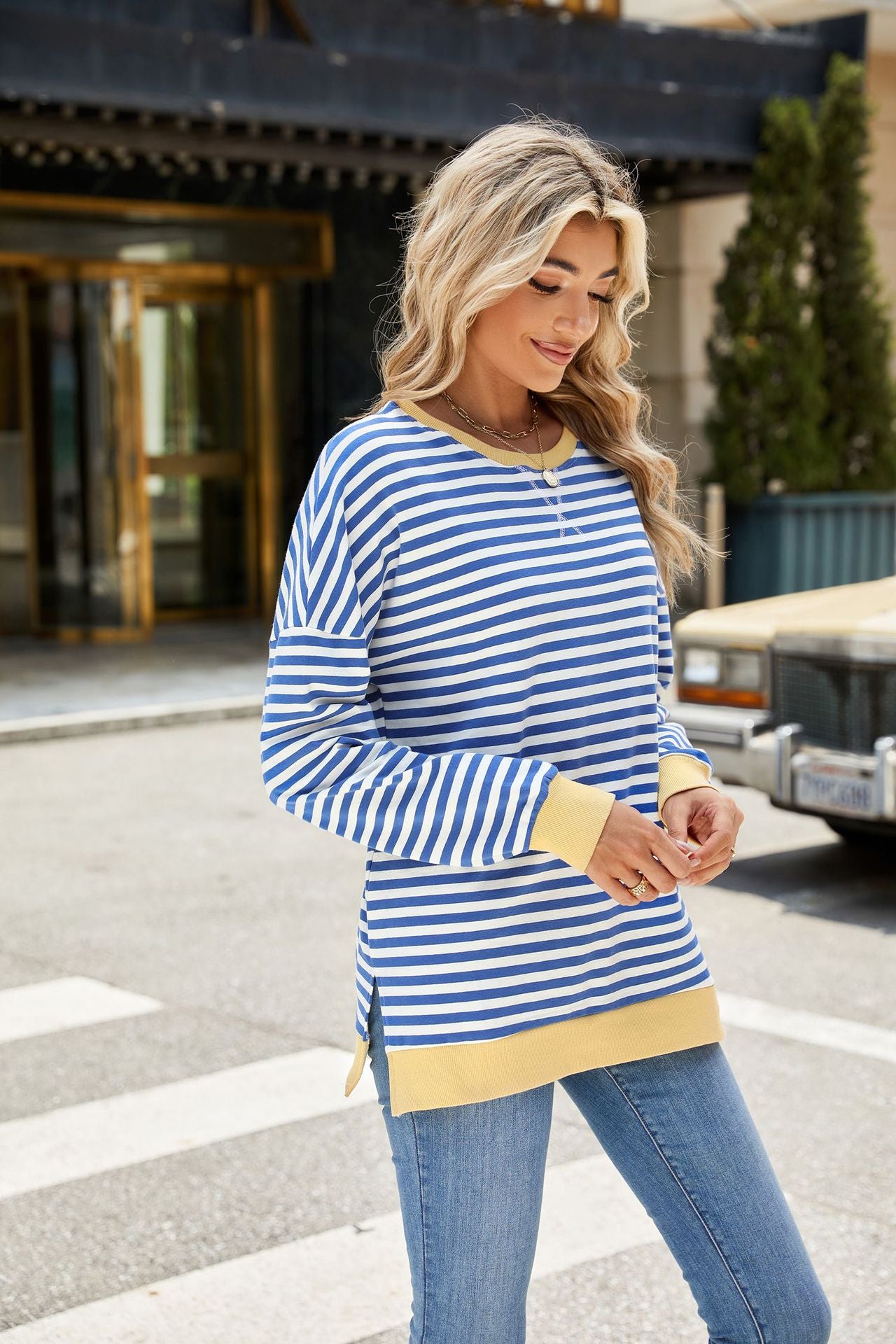 Striped Color-Block Slit Long-Sleeve Top - Multi-Color Casual Women's T-Shirt