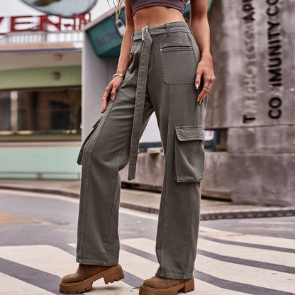 High-Waisted Belted Cargo Pant - Women's Multi-Pocket Straight-Leg Trousers