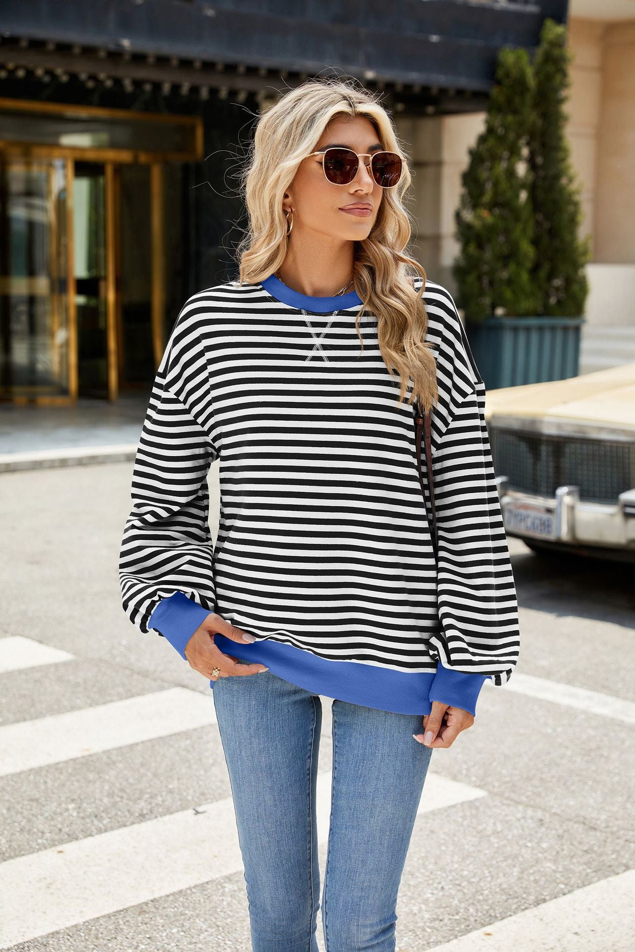 Striped Color-Block Long-Sleeve Top - Multi-Color Casual Women's T-Shirt