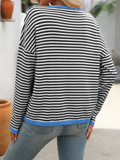 Pinstriped Color-Block Top - Multi-Color Loose-Fit Women's T-Shirt