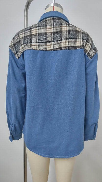 Plaid Patchwork Denim Jacket - Women's Loose Long-Sleeve Outerwear