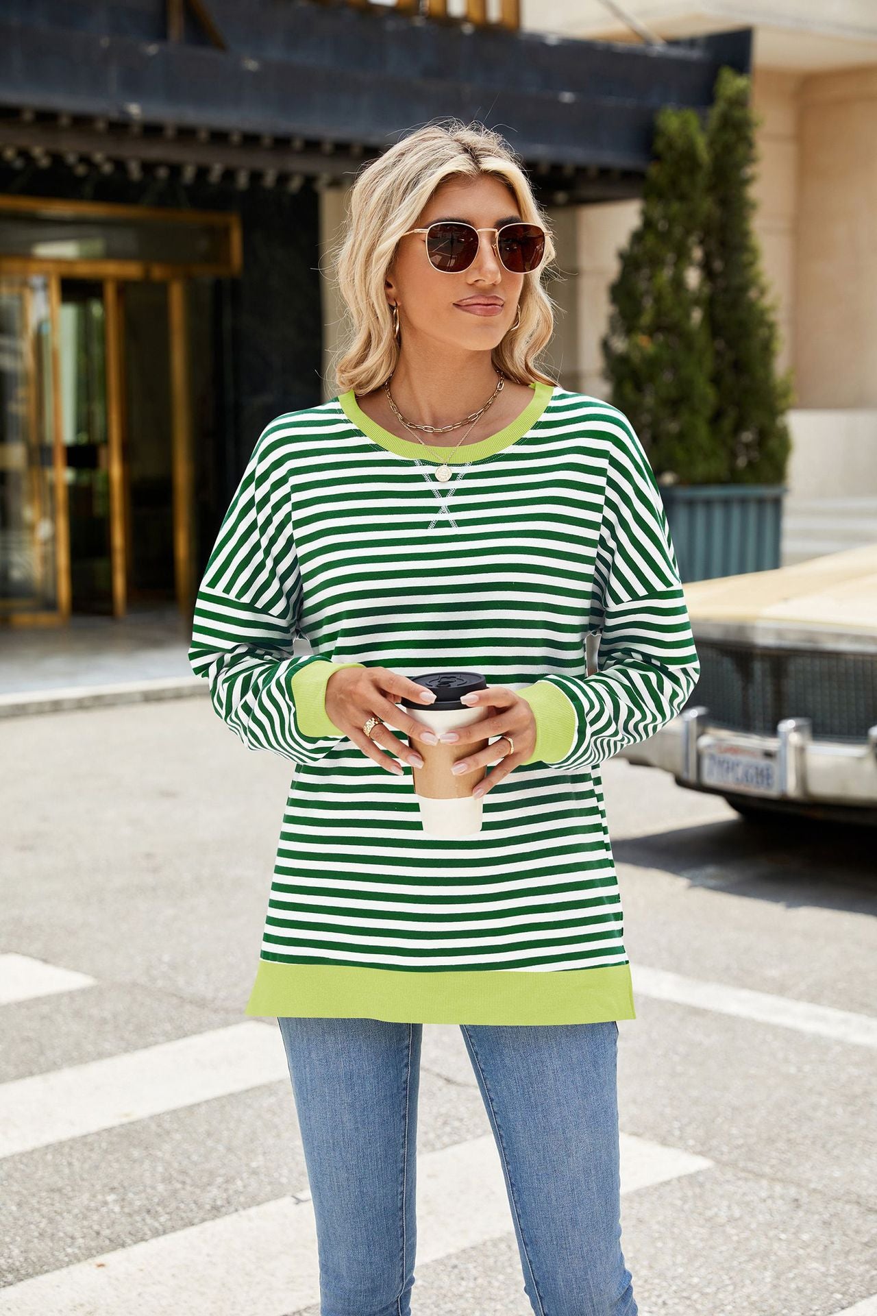 Striped Color-Block Slit Long-Sleeve Top - Multi-Color Casual Women's T-Shirt