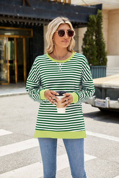 Striped Color-Block Slit Long-Sleeve Top - Multi-Color Casual Women's T-Shirt