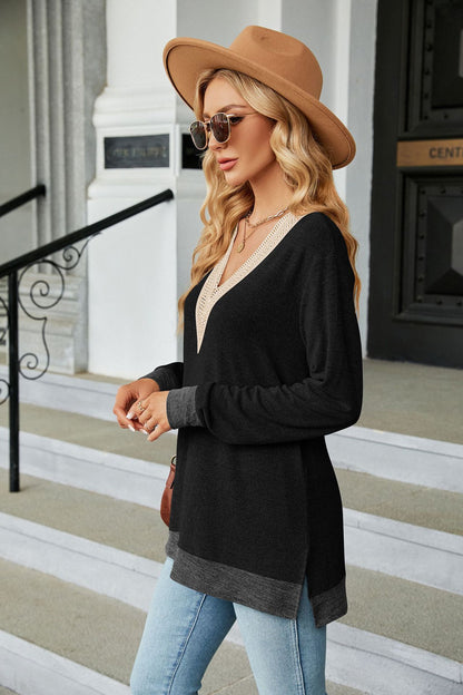 Lace-Embellished V-Neck Top - Multi-Colored Long-Sleeve Women's T-Shirt