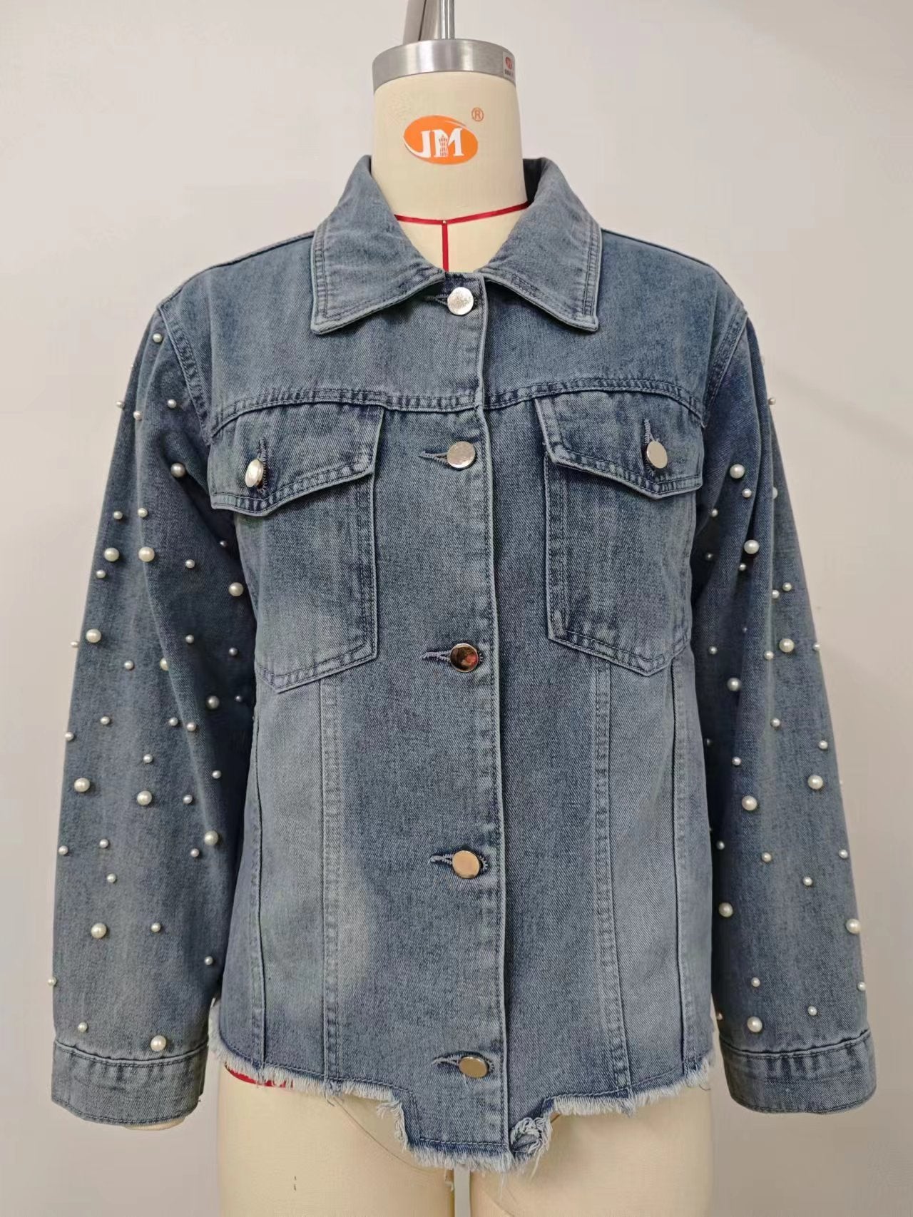 Pearl-Embellished Denim Jacket - Stylish Women's Outerwear