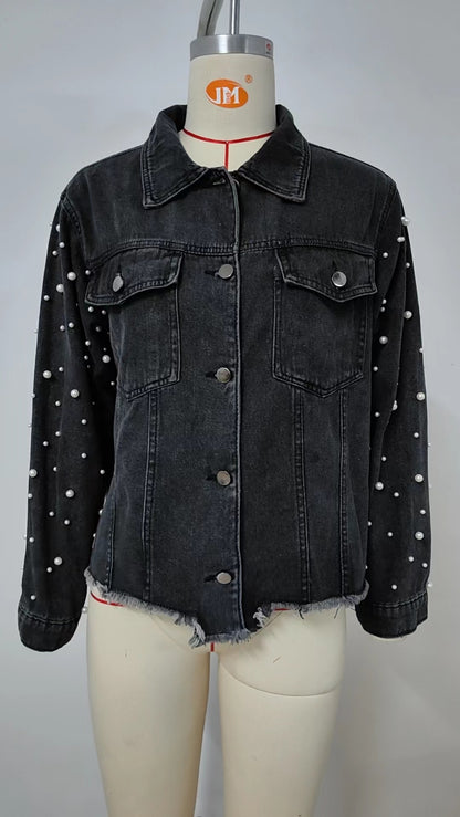 Pearl-Embellished Denim Jacket - Stylish Women's Outerwear