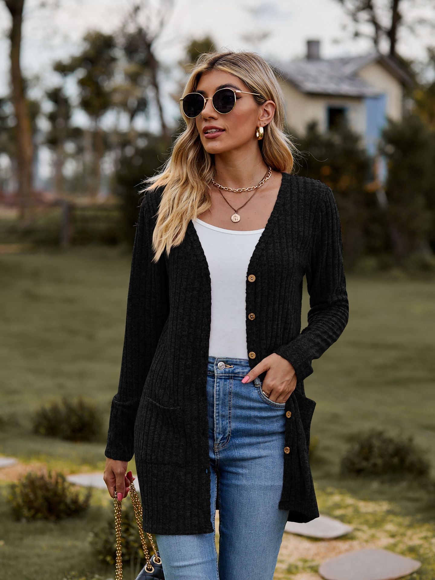 Rib - Knit Cardigan - Multi - Color Long Women's Knitwear