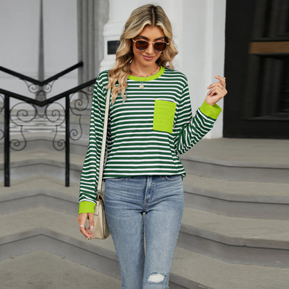 Striped Color-Block Pocket Long-Sleeve Top - Multi-Color Casual Women's T-Shirt