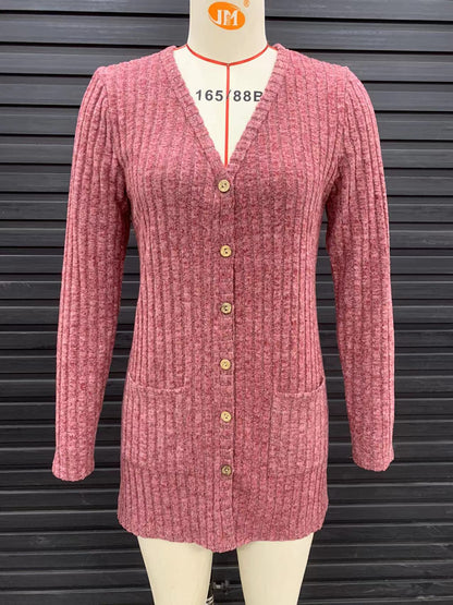 Rib - Knit Cardigan - Multi - Color Long Women's Knitwear