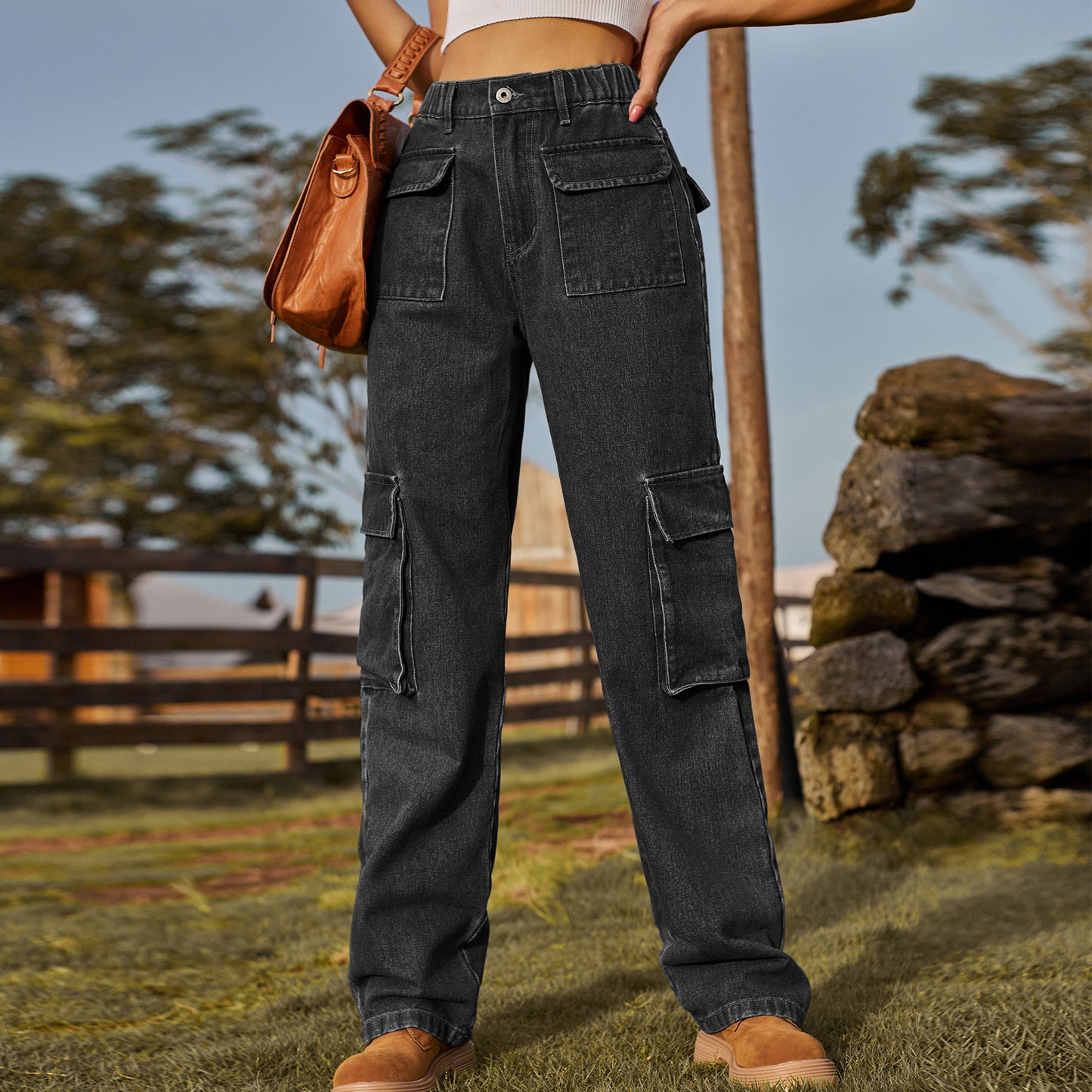 Multi - Pocket Cargo Denim Pant - Loose Straight Women's Trousers