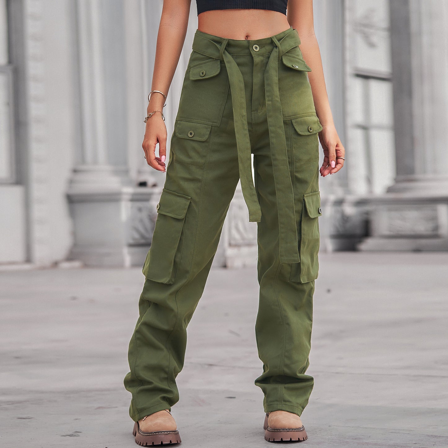 Belted Multi-Pocket Cargo Pant - Women's Loose Straight-Leg Trousers