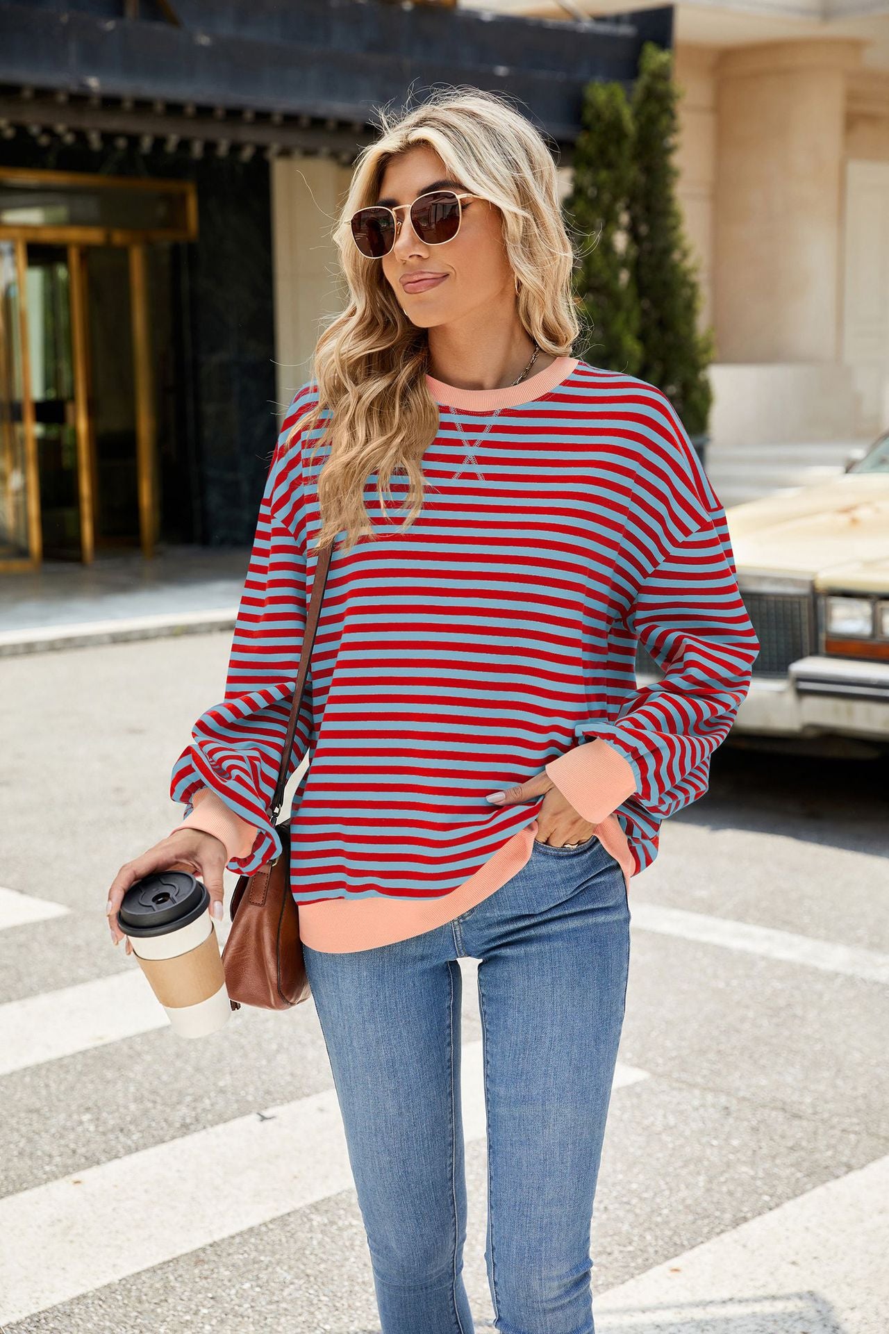 Striped Color-Block Long-Sleeve Top - Multi-Color Casual Women's T-Shirt