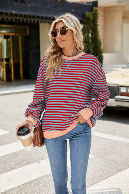 Striped Color-Block Long-Sleeve Top - Multi-Color Casual Women's T-Shirt