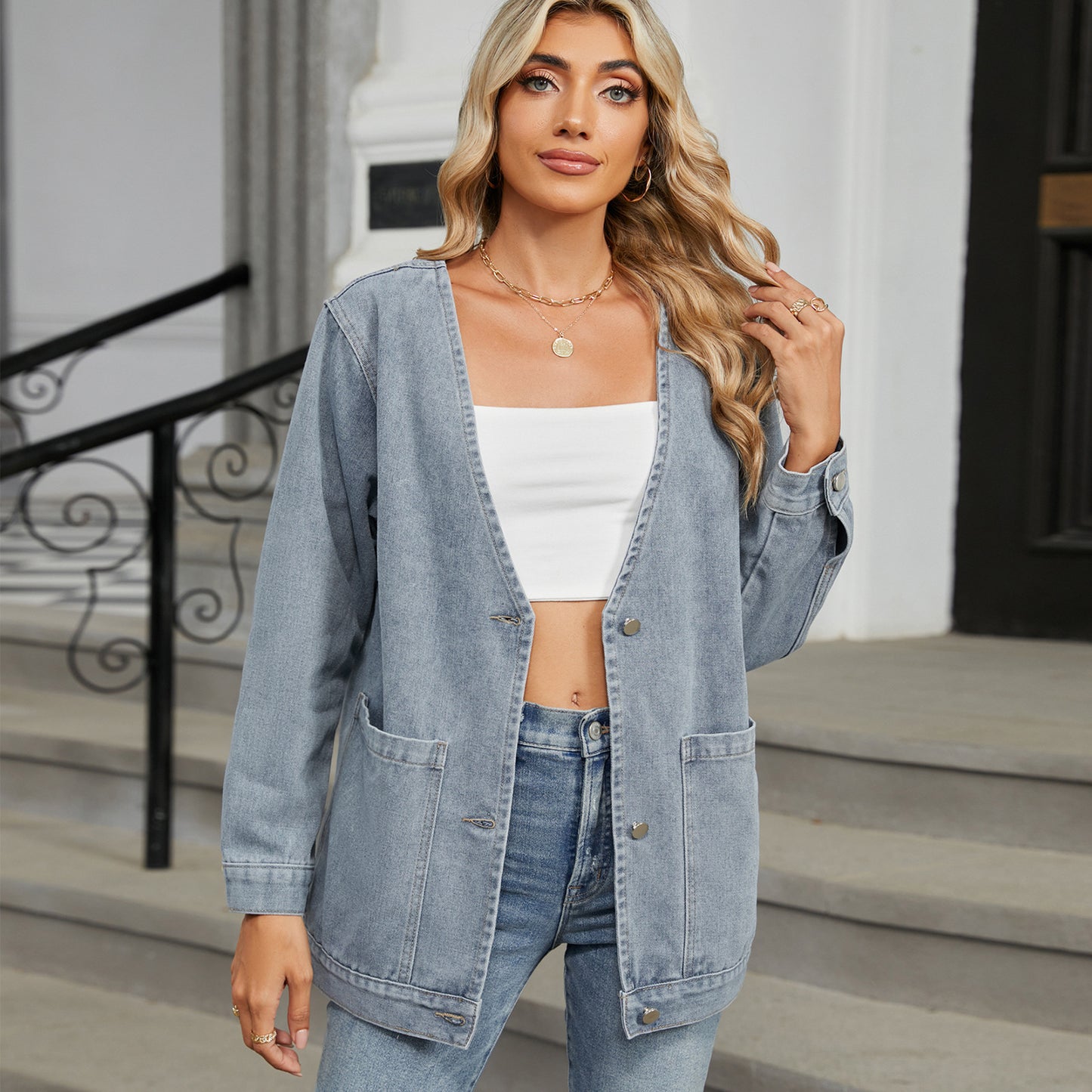Denim Blazer - Multi-Color Buttonless Women's Outerwear