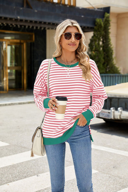 Striped Color-Block Slit Long-Sleeve Top - Multi-Color Casual Women's T-Shirt