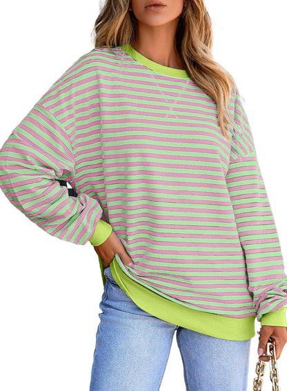 Striped Color-Block Sweatshirt - Multi-Color Loose-Fit Women's T - Shirt