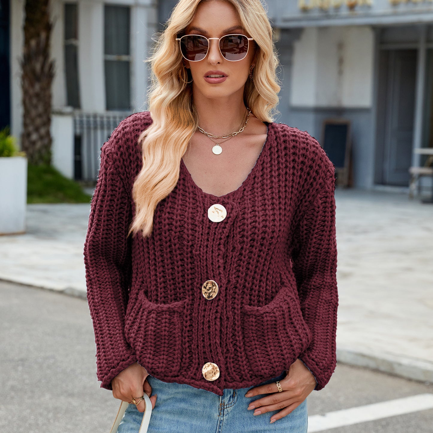 Chunky Knit Cardigan - Short Women's Knitwear with Gold Buttons