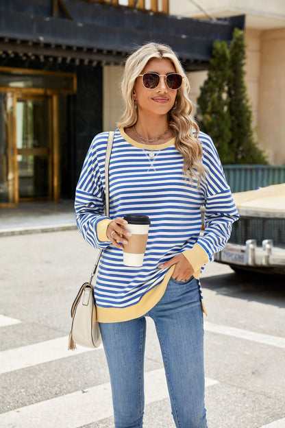 Striped Color-Block Slit Long-Sleeve Top - Multi-Color Casual Women's T-Shirt