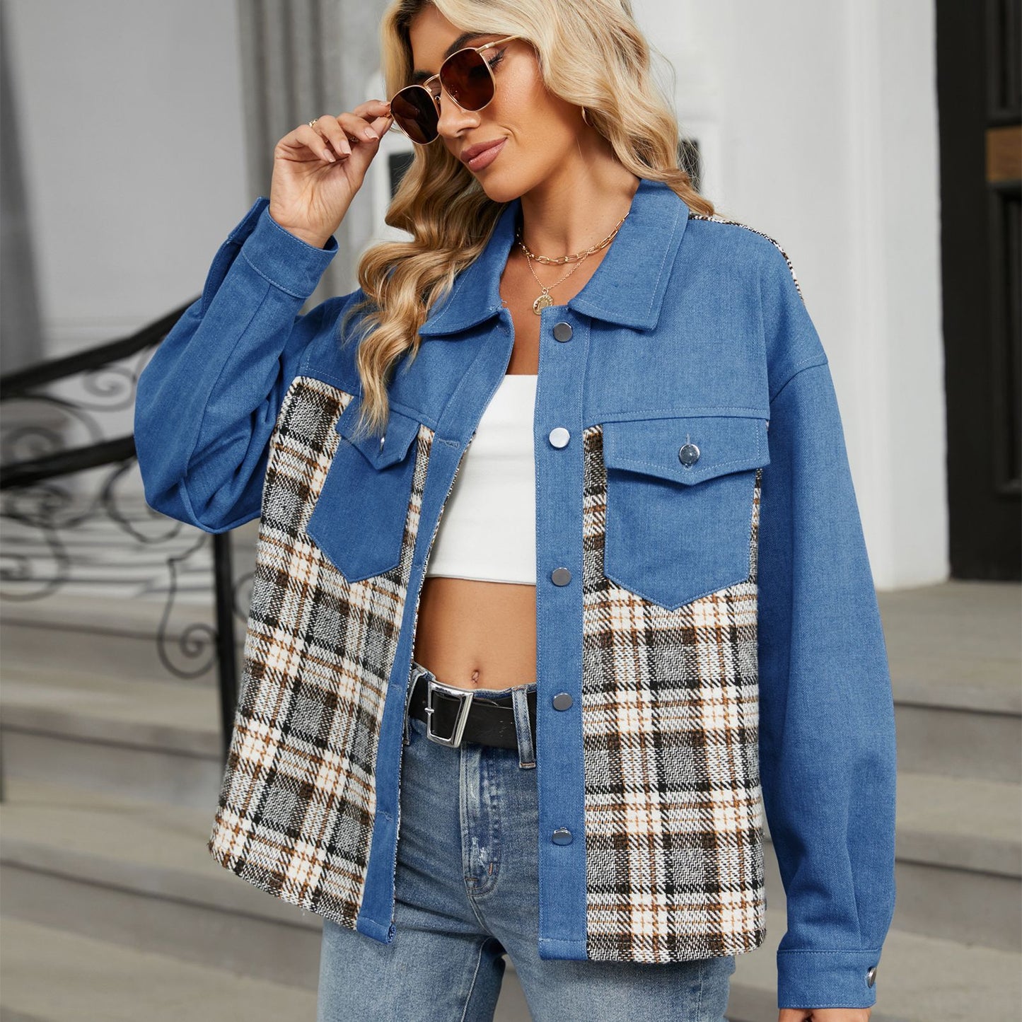 Plaid Patchwork Denim Jacket - Women's Loose Long-Sleeve Outerwear
