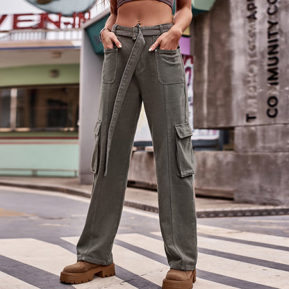 High-Waisted Belted Cargo Pant - Women's Multi-Pocket Straight-Leg Trousers