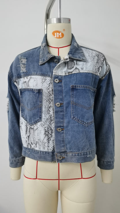Animal Print Patchwork Denim Jacket - Women's Printed Short Outerwear