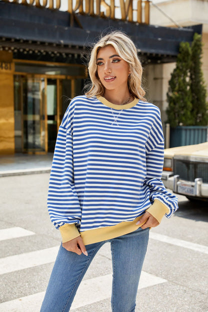Striped Color-Block Long-Sleeve Top - Multi-Color Casual Women's T-Shirt